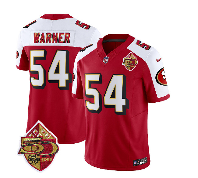 Men's San Francisco 49ers #54 Fred Warner Red/White 2023 F.U.S.E. 50th Patch Throwback Football Stitched Jersey
